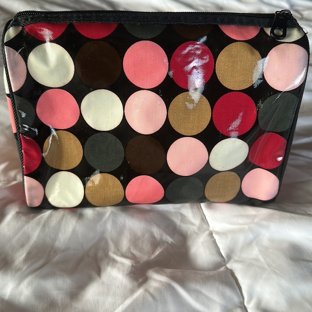 “Contents” By Allegro Mfg Make Up Case Vinyl Fabric Pink White& Brown Polka Dots